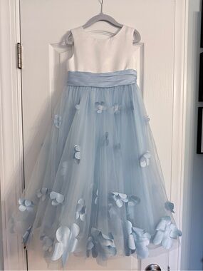 AZAZIE Flower Girl Wedding Dress, 5, Worn 1x, Blue White Floral, tulle, satin